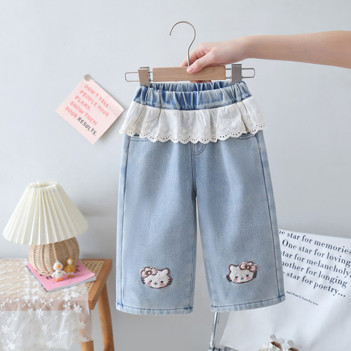 女宝宝卡通刺绣加绒加厚牛仔裤子