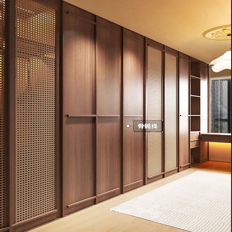 中古风骨骼线衣帽间藤编衣柜实木烤漆大平层别墅全屋整装木作定制