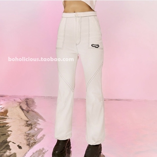 泰国本土网红品牌DaddyMuscleAcademy白色撞色辑线装饰高腰微喇裤