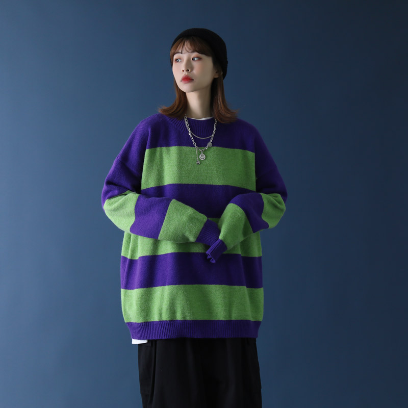 Winter and autumn neutral sweater stripe Korean loose versatile coat fashion