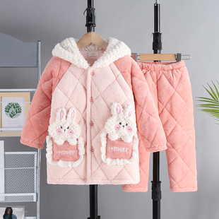 冬季女孩牛奶绒三层夹棉厚睡衣 中长款女童加绒加厚家居服套装