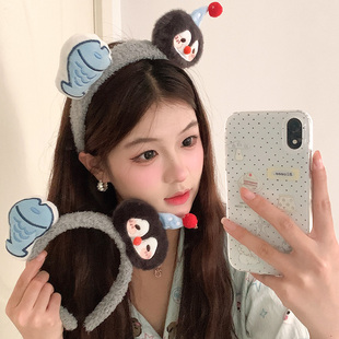 梦幻少女！搞怪企鹅小鱼发箍可爱萌趣毛绒卡通发饰少女拍照发卡