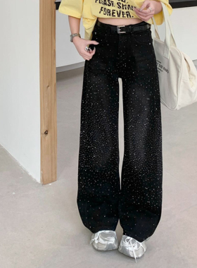 满天星蓝色亮闪闪烫钻牛仔裤女阔腿新款春美式复古带钻高腰直筒裤