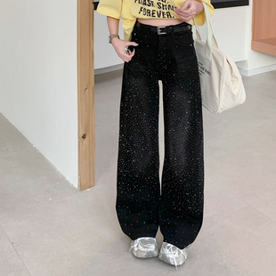 满天星黑色烫钻阔腿牛仔裤女2026新款春季美式复古带钻高腰直筒裤