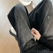 高街垂感宽松烫钻阔腿弯刀裤 美式 女2026新款 黑色满天星带钻牛仔裤