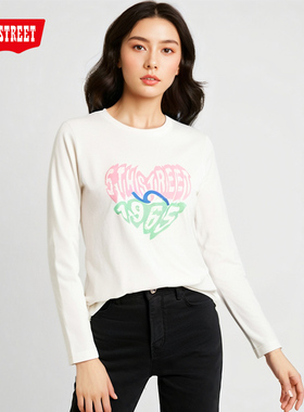 第五街5th street女装简约休闲上衣长袖圆领印花T恤360332-233