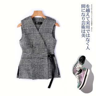 毛呢千鸟格通勤短款 韩版 马甲背心 显瘦新款 上衣马夹外套女春 时尚