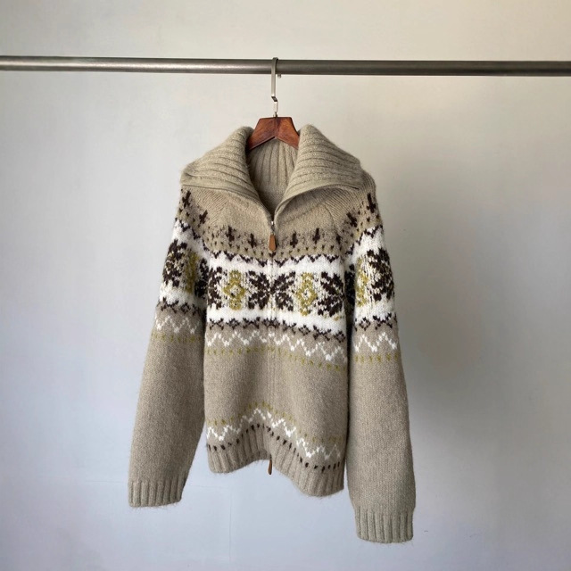 双拉链毛衣女士加绒费尔岛提花翻领针织开衫毛衣外套25年冬季新款