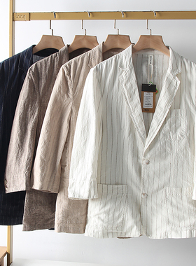 气度不凡！進囗水洗棉麻！春夏男士外贸竖纹复古休闲商务单西西装
