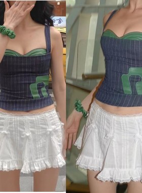 Lisa同款白色甜美芭蕾风重工蕾丝花边蝴蝶结防走光A字迷你半身裙