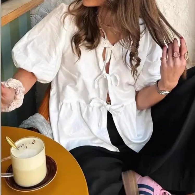 速卖通 亚马逊 2025新款欧美甜美休闲绑带圆领泡泡袖百搭短袖