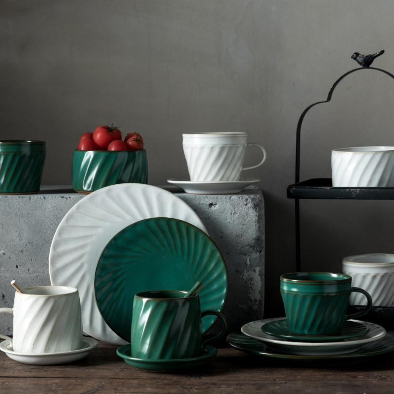 器昔|手工雕刻罗马柱餐具 欧式斜纹餐盘点心盘小碗咖啡杯手柄奶缸