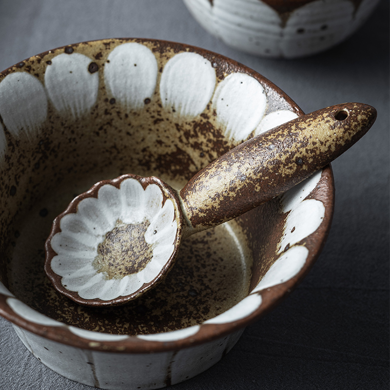 器昔高颜值创意可爱日式雏菊花粗陶瓷勺子调羹冰淇淋勺饭勺汤勺子