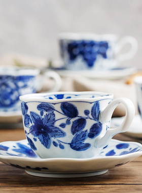 日本进口蓝凛堂釉下彩咖啡杯日式陶瓷杯碟套装下午茶杯青花瓷茶具