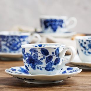 日本进口蓝凛堂釉下彩咖啡杯日式陶瓷杯碟套装下午茶杯青花瓷茶具