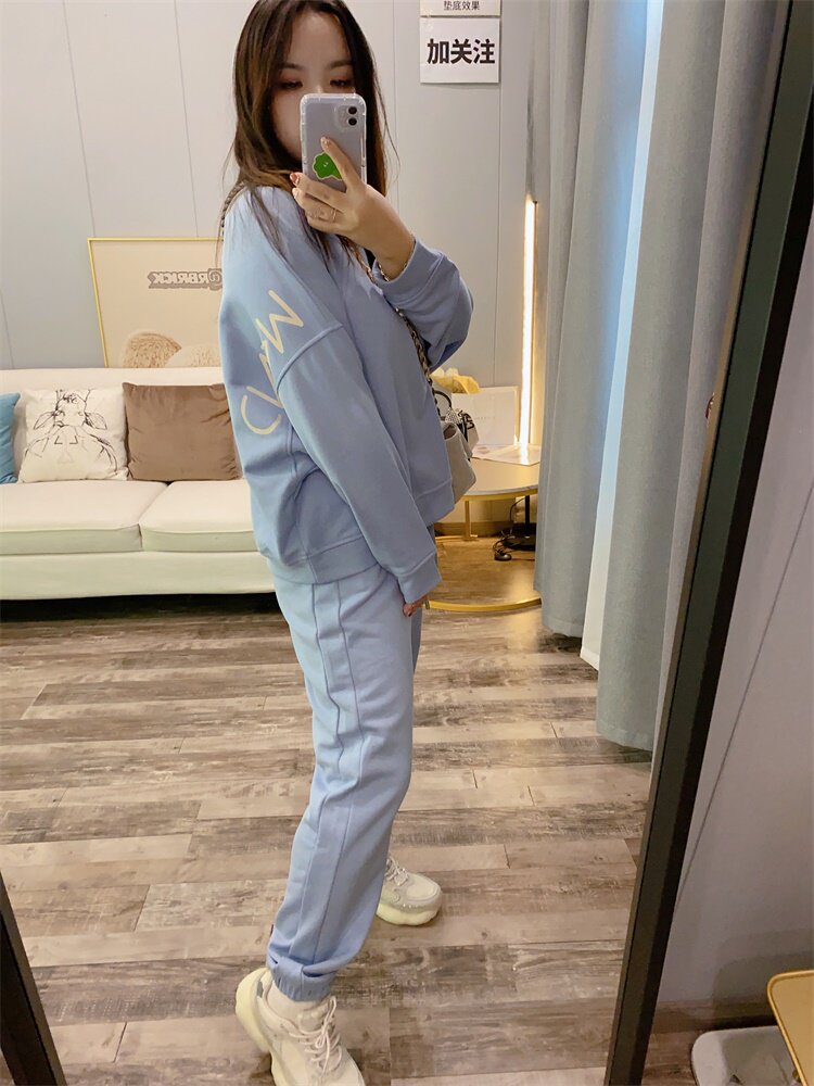 봄과 가을 유럽과 미국의 하이 엔드 캐주얼 정장 단색 간단한 라운드 넥 박쥐 소매 느슨한 스웨터 스커트 바지 여성용