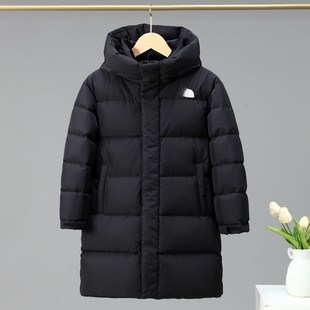 2025冬季新款男女童儿童中大童纯色连帽加厚保暖中长款羽绒服外套
