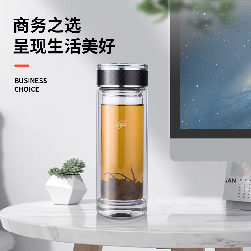 诺亚钛晶杯白色中式双层圆形玻璃杯透明大众送礼无色玻璃日常水杯