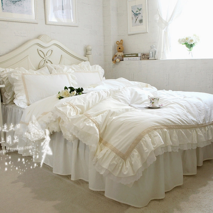原单出口欧美原版米白色荷叶边嵌蕾丝全棉床上用品纯棉床裙四件套
