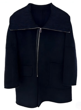 BRAID｜黑色极简质感廓形双面呢拉链大衣68033