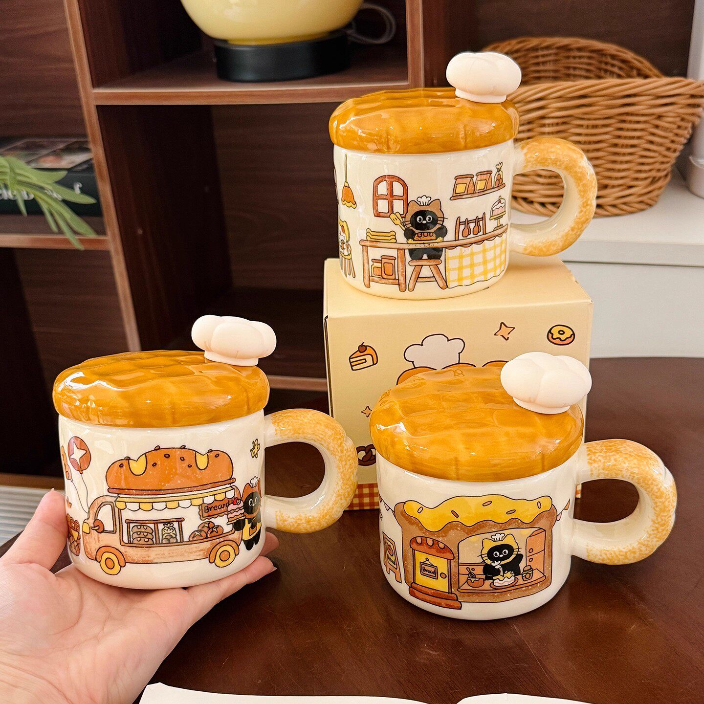 可爱面包猫咪陶瓷马克杯带盖勺高颜值水杯家用早餐牛奶杯生日礼物