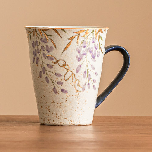 青花火石马克杯高档陶瓷杯子手绘描金紫藤花茶杯大容量水杯带把手