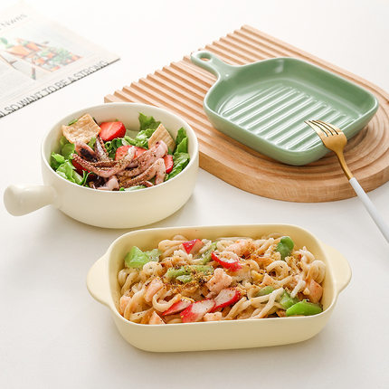 韩国ins奶黄色手柄盘碗家用焗饭烤盘烘焙烤箱泡面碗专用餐具套装