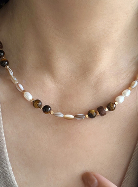 天然珍珠贝壳虎眼石串珠项链配饰