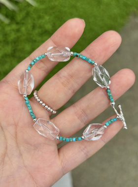 S925纯银白水晶绿松石撞色手链