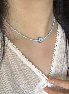 小清新蓝黑锆石花朵吊坠锁骨链