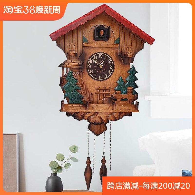 欧式实木雕刻布谷鸟挂钟儿童房家用客厅整点报时网红时尚创意钟表