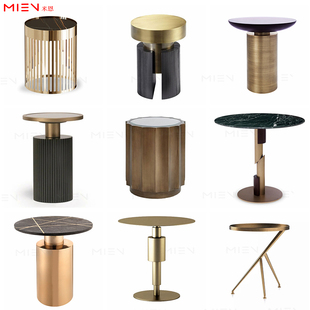 ITALY新颖设计师轻奢风精致沙发金属边几客厅移动圆形大理石角几