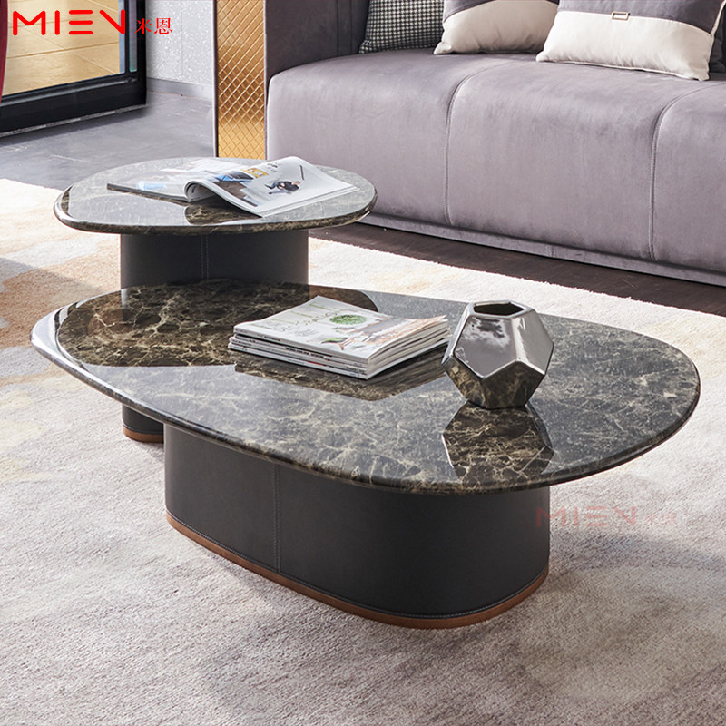 意式轻奢极简客厅椭圆形大理石大小组合茶几异形鹅卵石形高低茶桌