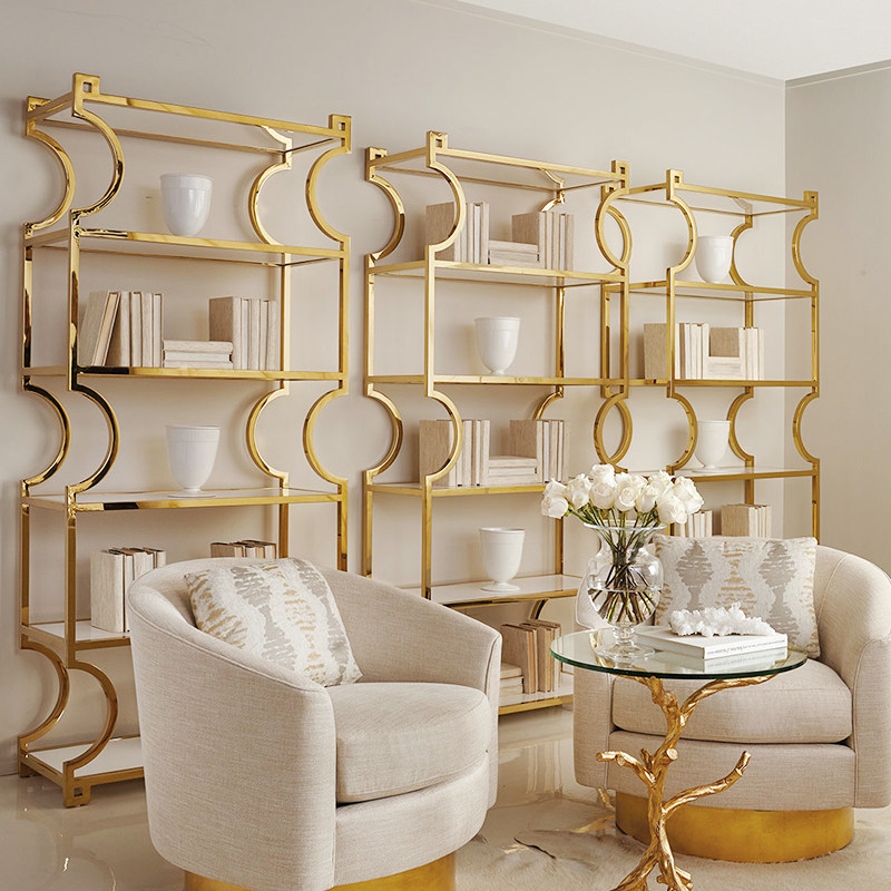 弧形造型美式现代书房定制家具书架置物架不锈钢层架商品展示架