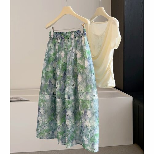 高级感绿色油画碎花半身裙女夏季