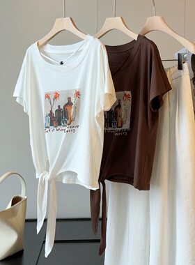 韩系复古油画花瓶印花短袖T恤女