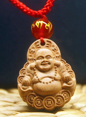 桃木弥勒佛吊坠原木双面观音项链