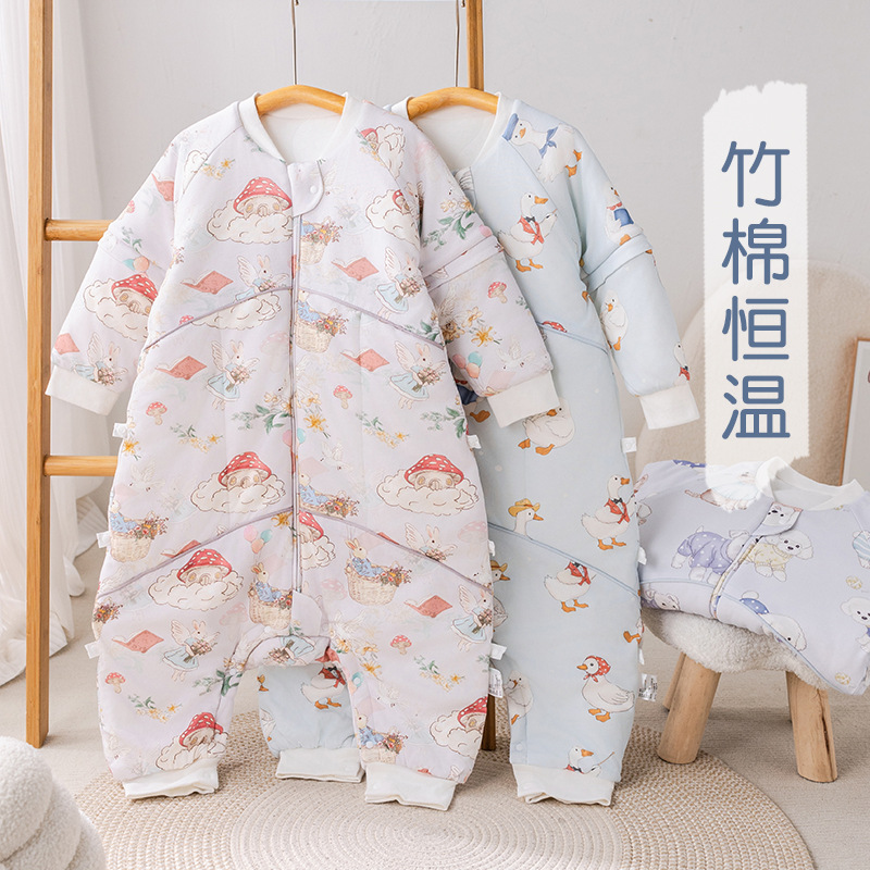桑蚕丝婴儿睡袋分腿可拆袖秋冬款恒温爬服宝宝连体睡衣儿童防踢
