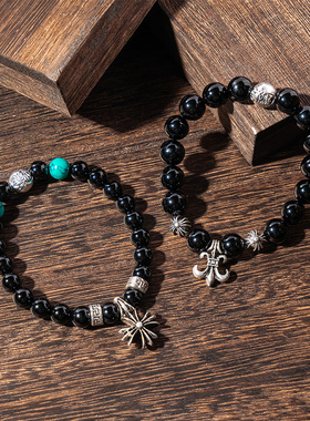 礼物男女黑玛瑙克罗十字架手链