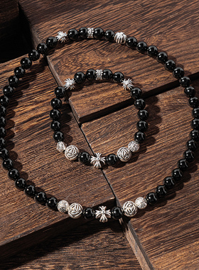 原创设计黑玛瑙珠手链十字架项链