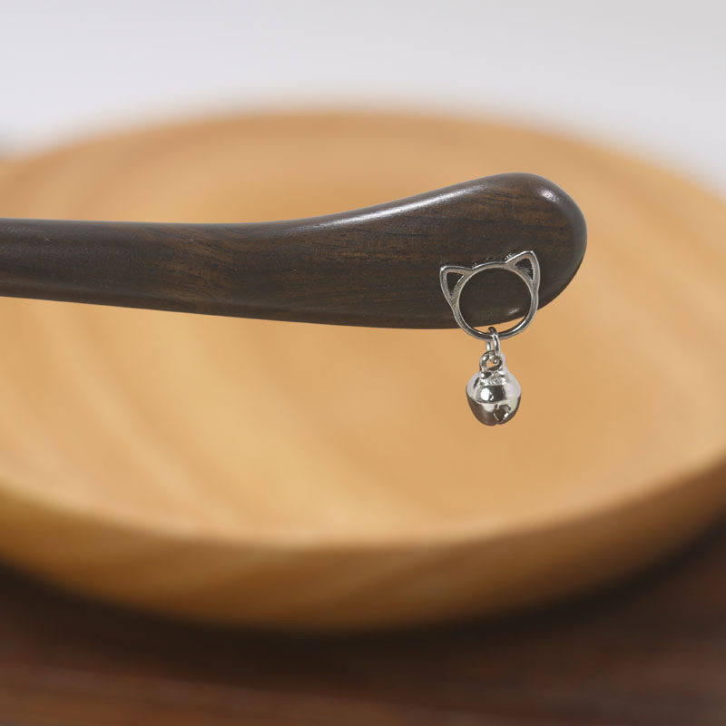 手工925银猫耳铃铛流苏步摇古装黑檀木发簪 古代簪子发饰复古盘发