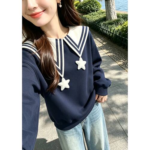 大码胖mm立体星星独特设计感百搭套头卫衣女小众加绒学院风外套