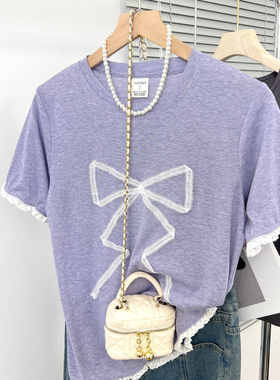 大码胖mm夏季新款宽松紫色温柔蕾丝花边蝴蝶结短袖t恤女