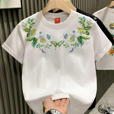 新款大码300斤重磅纯棉百搭宽松刺绣花卉短袖T恤韩版复古百搭上衣