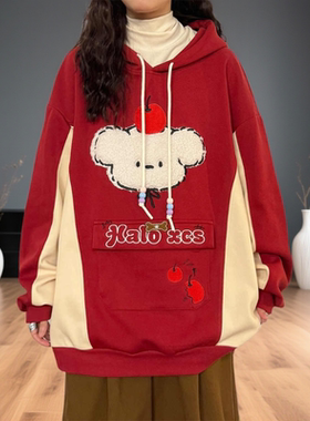 时尚新款加绒百搭卫衣女冬季圣诞红色宽松植绒小狗图案洋气外套