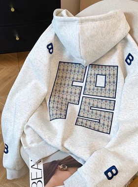 大码300斤美式复古别致字母刺绣连帽卫衣男女秋冬季加绒情侣上衣