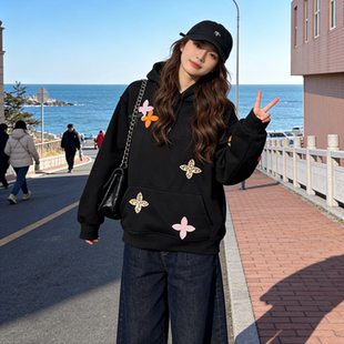 特大码300斤复古港式时尚个性贴皮宽松连帽卫衣女加绒慵懒风上衣