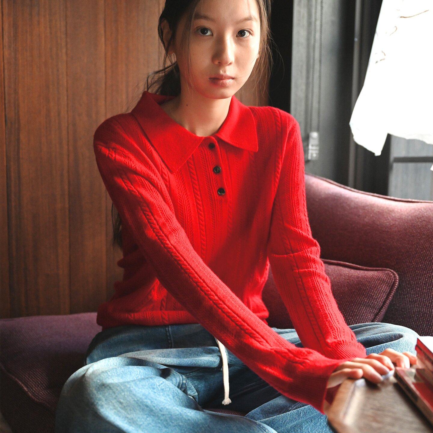 WITHSUUGAR｜山羊绒羊毛半开襟翻领绞花针织衫,女装/女士精品,羊绒衫,淘宝优惠券,粉丝福利购,淘宝优惠卷