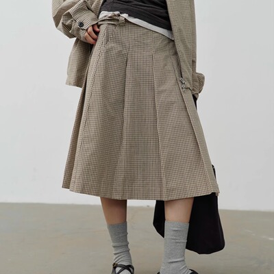 格子百褶半身裙女中长款A字裙