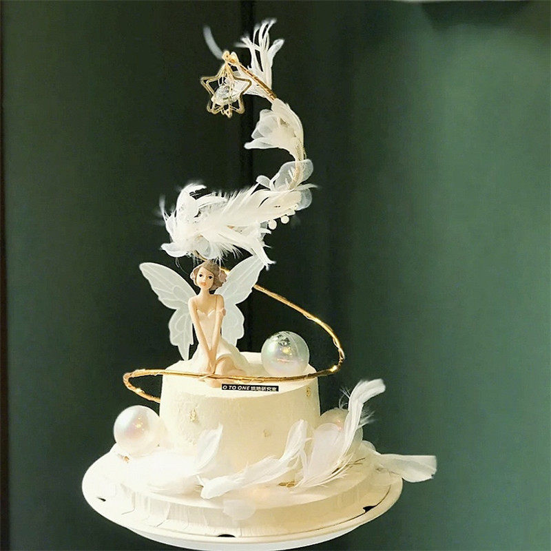 白色仙女蛋糕装饰车载摆件羽毛翅膀生日蛋糕装饰摆件网红女孩
